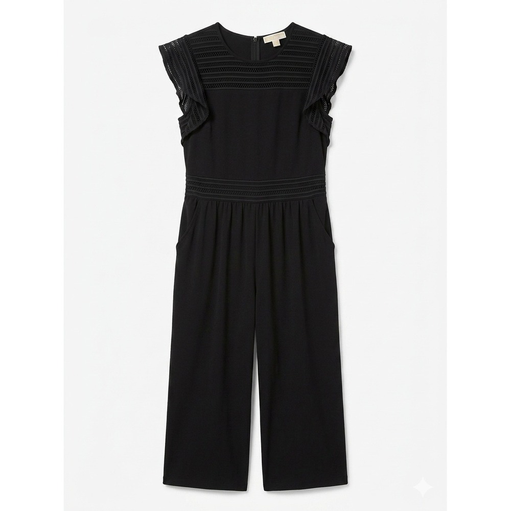 Michael Kors Black Crochet Mesh Cropped Flutter Sleeve Wide Leg Jumpsuit XL